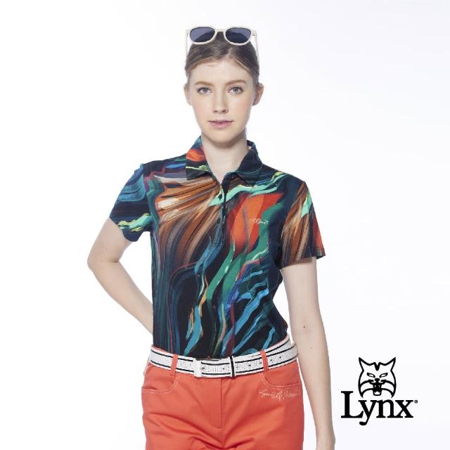 【Lynx Golf】女款歐洲進口布料柔軟舒適流線感印花短袖POLO衫(黑色)