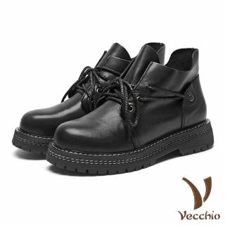 【Vecchio】真皮馬丁靴/真皮頭層牛皮復古擦色個性蠟繩綁帶造型馬丁靴(黑)