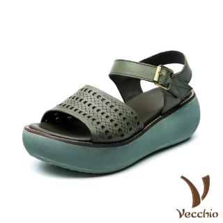 【Vecchio】真皮涼鞋 厚底涼鞋/真皮頭層牛皮細緻刻花縷空縫線造型超輕量厚底涼鞋(綠)