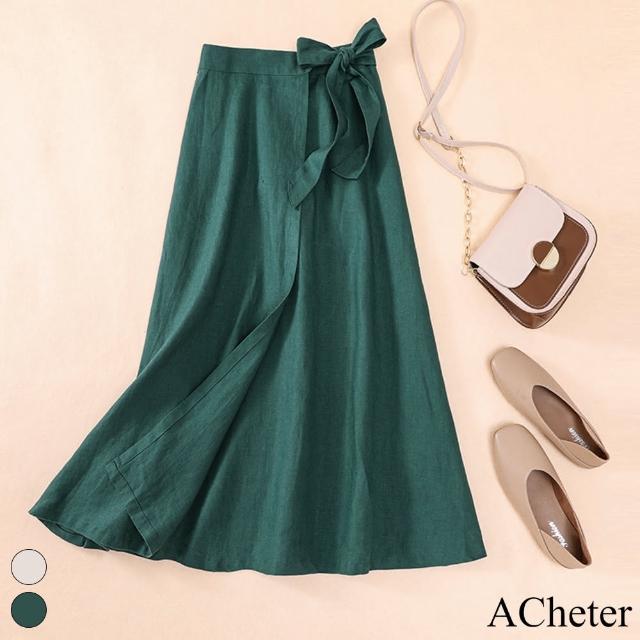 【ACheter】設計感側綁帶高腰系帶A字型棉麻中長裙#112195現貨+預購(2色)