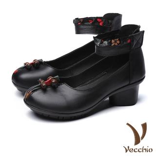 【Vecchio】真皮頭層牛皮中國風立體珠飾魔鬼粘繫帶粗跟鞋(黑)