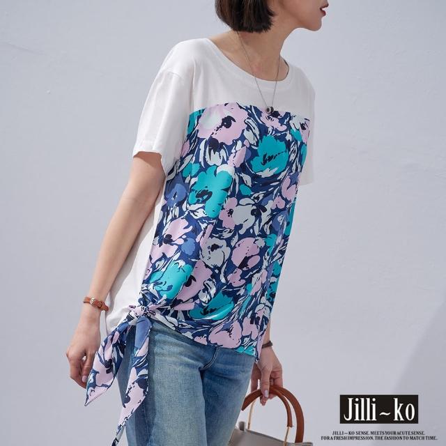 【JILLI-KO】春夏時尚印花拼接打結造型寬鬆棉質T恤-F(卡/藍)