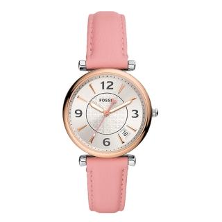 【FOSSIL】Carlie玫瑰金圈太陽能皮帶女錶-粉紅色(ES5160)