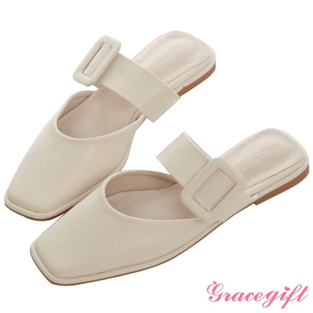 【Grace Gift】方釦造型平底穆勒鞋(米白)