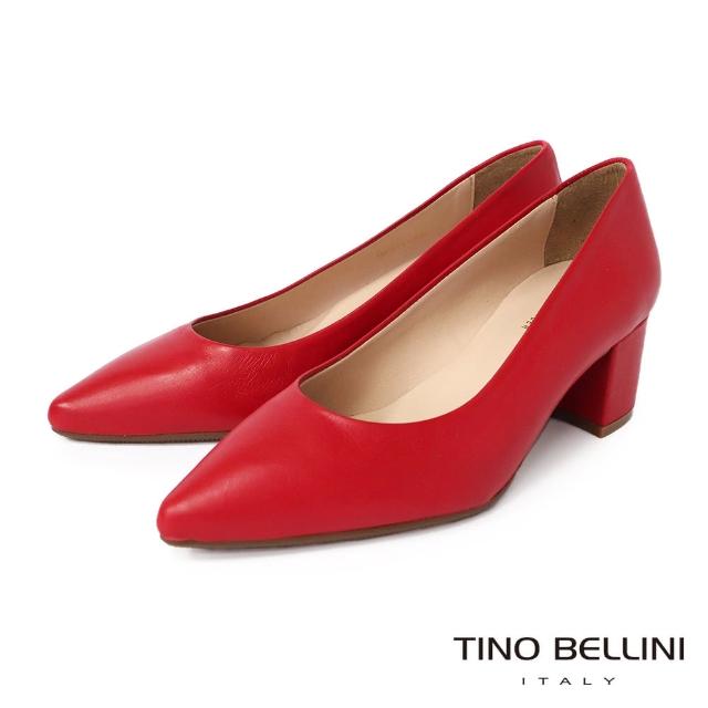 【TINO BELLINI 貝里尼】西班牙進口牛皮純色尖頭5.5CM粗跟鞋FSDV0005(紅)