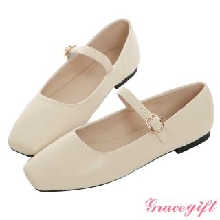 【Grace Gift】微方頭素面平底瑪莉珍鞋(米白)
