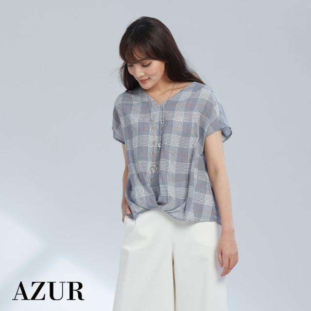 【AZUR】下擺收褶格紋上衣-2色