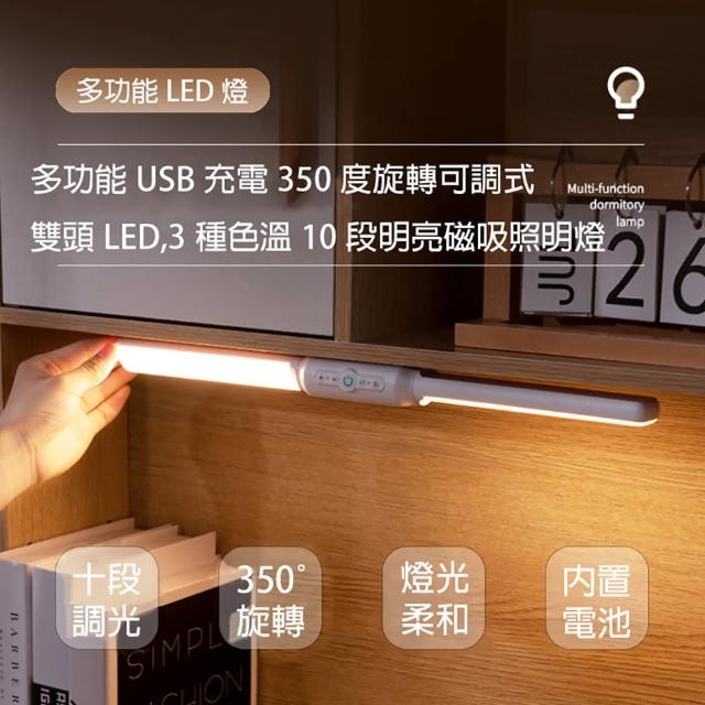 【E.B. MADE】停電必備42.8cm多功能磁吸雙頭USB充電350度旋轉可調式LED3種色溫10段明亮宿舍照明燈2600mAh