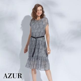【AZUR】印花繫帶下擺抓褶洋裝