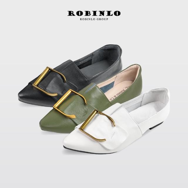 【Robinlo】復古金屬大D扣軟牛皮中大尺碼平底鞋MOMFA(黑/米白/綠)