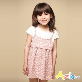 【Azio Kids 美國派】女童 洋裝 滿版小花印花假兩件吊帶短袖洋裝(粉)