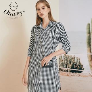 【OUWEY 歐薇】造型剪裁大小格紋棉質襯衫型洋裝3222067214(黑)