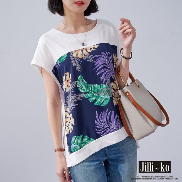 【JILLI-KO】春夏時尚印花拼接連袖造型寬鬆棉質T恤-F(黑/杏)