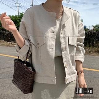 【JILLI-KO】韓版工裝大口袋圓領寬鬆夾克休閒棉麻空調外套-L/XL(卡)