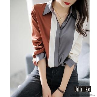 【JILLI-KO】買一送一 大方知性OL風輕奢緞面條紋撞色質感彈力長袖襯衫-M/L(灰)