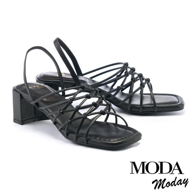 【MODA Moday】簡約交叉線條羊皮方頭粗跟涼鞋(黑)
