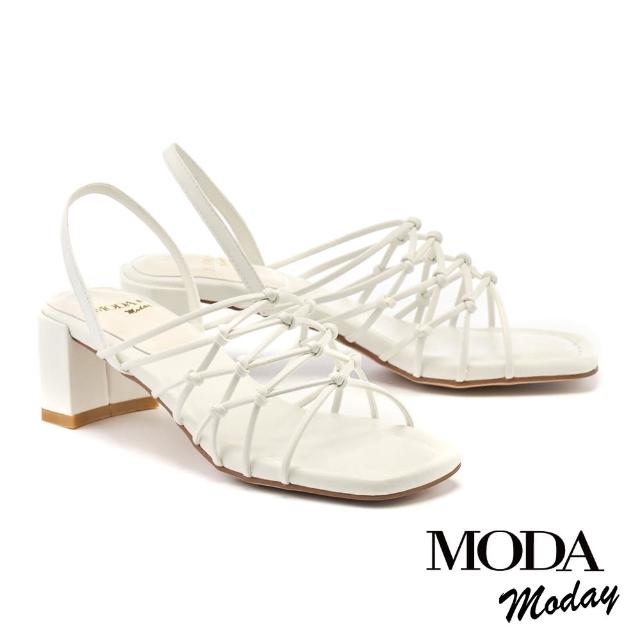 【MODA Moday】簡約交叉線條羊皮方頭粗跟涼鞋(白)