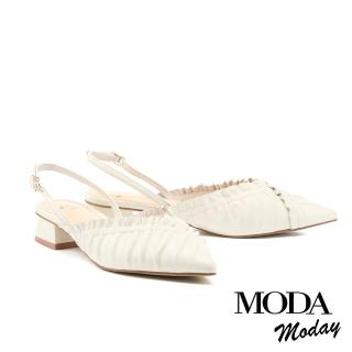 【MODA Moday】自然質感羊皮後繫帶尖頭低跟穆勒鞋(白)