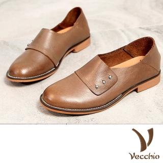 【Vecchio】真皮休閒鞋 低跟休閒鞋/全真皮頭層牛皮舒適兩穿法復古釘釦時尚低跟休閒鞋(棕)