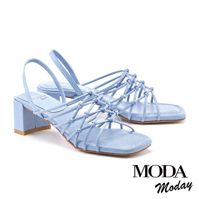 【MODA Moday】簡約交叉線條羊皮方頭粗跟涼鞋(藍)