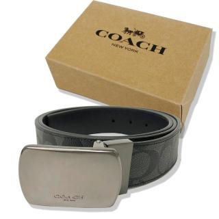 【COACH】方頭C LOGO男款寬版皮帶禮盒(方頭-黑灰)