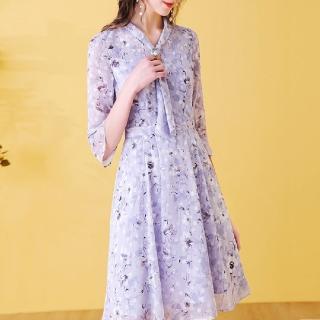 【FQ 時尚天后】紫苑雞蛋花壓紋印花雪紡洋裝(中大尺碼/S-3XL)