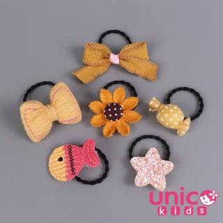 【UNICO】兒童 黃色蝴蝶結粉星星糖果造型髮圈6入組(髮飾/配件/聖誕)