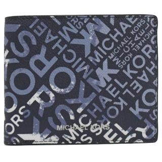 【Michael Kors】經典滿版MK街頭風格印花雙層8卡短夾(深藍)