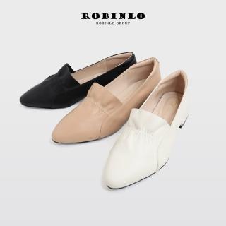 【Robinlo】法式優雅荷葉邊真皮尖頭中大尺碼粗跟鞋BARRIE(黑色/杏色/米白色)