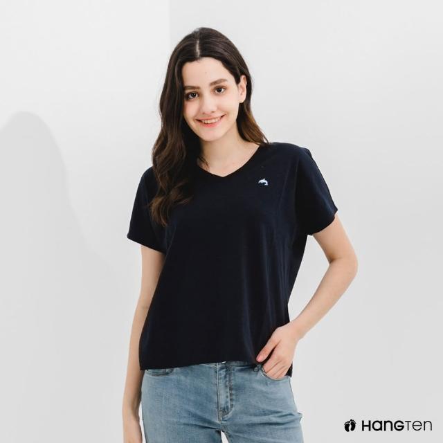 【Hang Ten】女裝-有機棉寬鬆V領刺繡短袖T恤-深藍