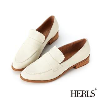 【HERLS】樂福鞋-荔枝紋牛皮橫帶橢圓頭低跟樂福鞋(米白色)