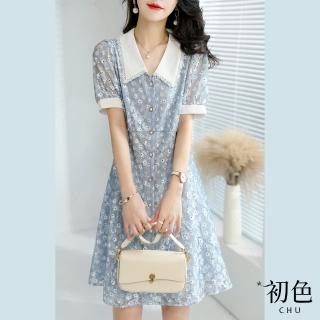 【初色】簡約氣質蕾絲泡泡袖雪紡連身裙洋裝-藍色-61210(M-2XL可選)
