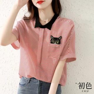 【初色】可愛貓咪貼布條紋短袖雪紡襯衫上衣女上衣-共2色-61108(M-2XL可選)