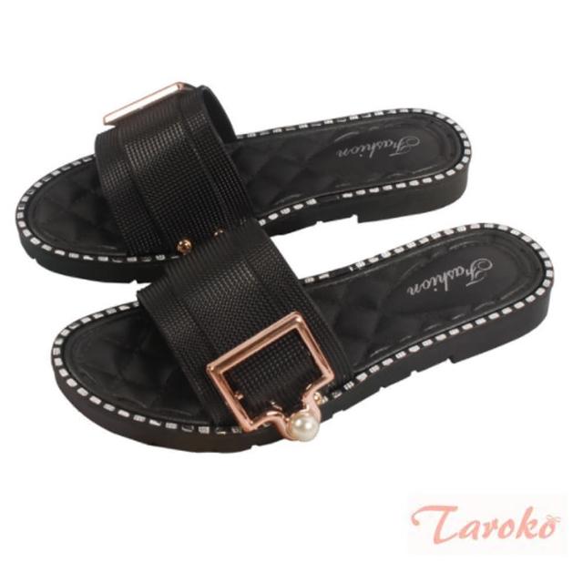 【Taroko】優雅一字扣珍珠菱格平底涼拖鞋(3色可選)