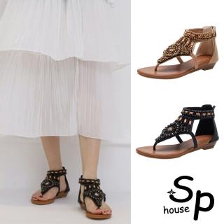 【Sp house】民族風情水鑽夾腳坡跟拉鍊涼鞋(2色可選)