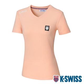 【K-SWISS】棉質吸排V領T恤 V Neck Badge Tee-女-蜜桃橘(196115-810)