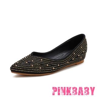 【PINKBABY】低跟娃娃鞋 尖頭娃娃鞋/個性鉚釘線條裝飾尖頭軟底內增高低跟單鞋(黑)