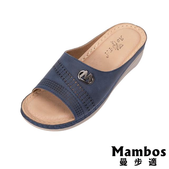 【Mambos 曼步適】厚底拖鞋 坡跟拖鞋/簡約車線縷空舒適厚底坡跟拖鞋(藍)