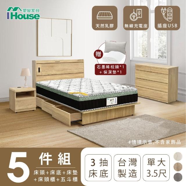 【IHouse】品田 房間5件組 單大3.5尺(床頭箱+收納抽屜底+床墊+床頭櫃+斗櫃)