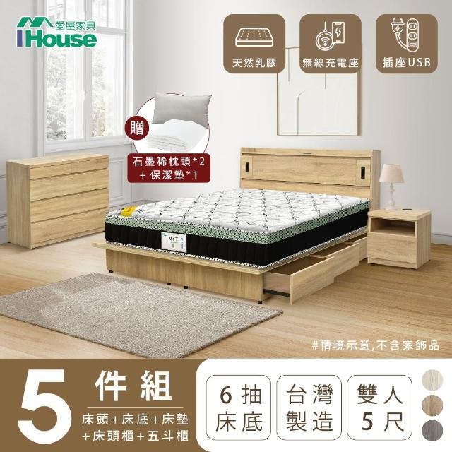 【IHouse】品田 房間5件組 雙人5尺(床頭箱+收納抽屜底+床墊+床頭櫃+斗櫃)