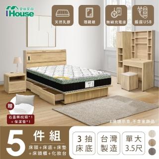 【IHouse】品田 房間5件組 單大3.5尺(床頭箱+收納抽屜底+床墊+床頭櫃+鏡台含椅)