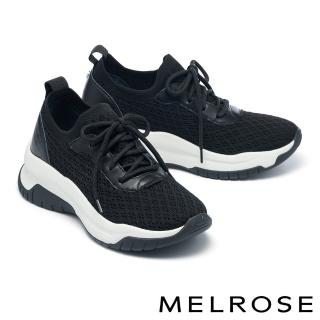 【MELROSE】美樂斯 質感簡約飛織布牛皮綁帶厚底休閒鞋(黑)
