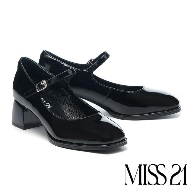 【MISS 21】復古微甜亮感牛軟漆皮方頭瑪莉珍粗高跟鞋(黑)