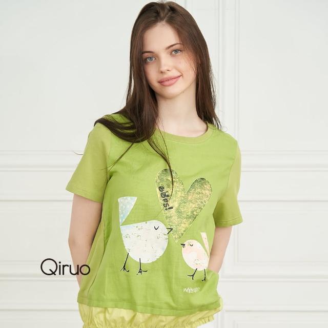 【Qiruo 奇若名品】專櫃 綠色春漾上衣8892A  可愛小鳥心型圖(可愛小鳥)