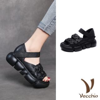 【Vecchio】真皮涼鞋 厚底涼鞋/真皮頭層牛皮編織辮帶鬆糕厚底涼鞋(黑)