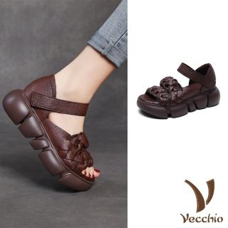 【Vecchio】真皮涼鞋 厚底涼鞋/真皮頭層牛皮編織辮帶鬆糕厚底涼鞋(棕)