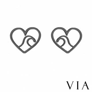 【VIA】白鋼耳釘 愛心耳釘/符號系列 縷空愛心海波浪線條造型白鋼耳釘(黑色)
