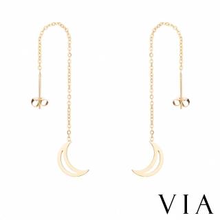 【VIA】白鋼耳釘 流蘇耳釘/符號系列 縷空月亮長款耳線流蘇造型白鋼耳環(金色)