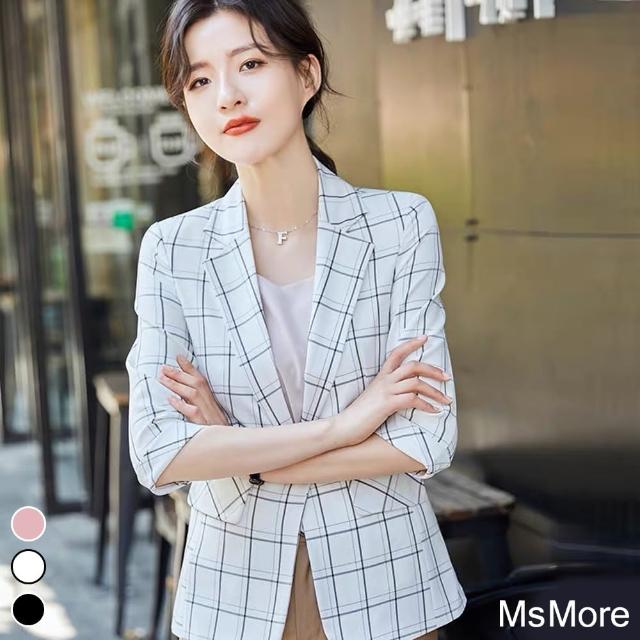 【MsMore】韓國知性輕薄格紋西裝外套#106628(白/黑/粉紅)
