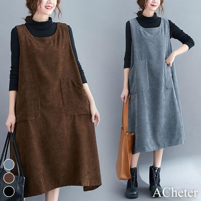 【ACheter】復古燈芯細絨寬鬆背心洋裝 #108155(黑/灰/咖)